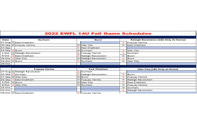 EWFL 2022 Season 14U Schedule